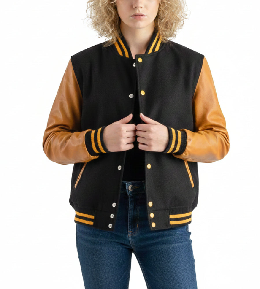 black wool gold sleeves leather varsity jacket