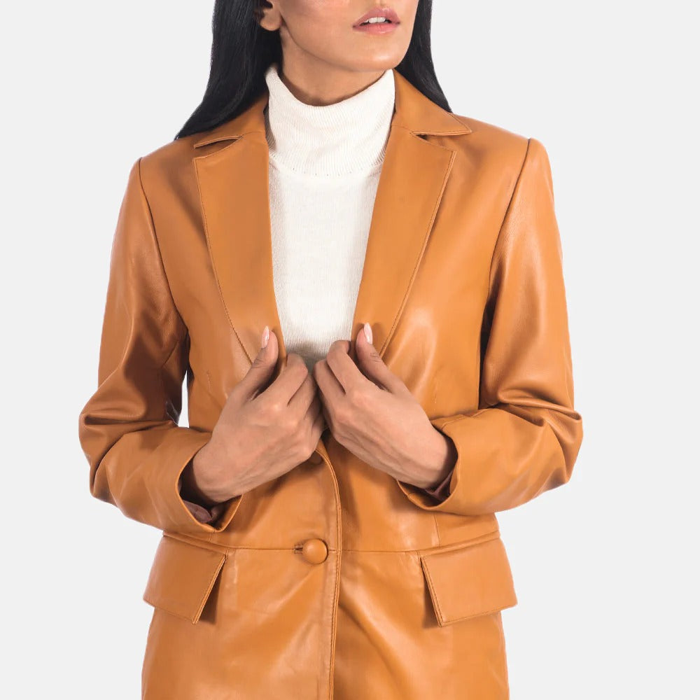Tan Brown Leather Blazer For Women