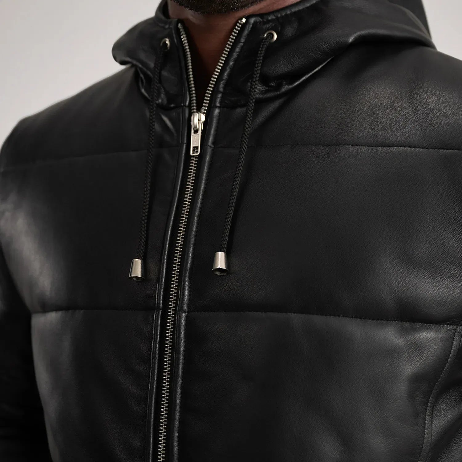 Black Leather Puffer Coat with Hood - High Quality Material