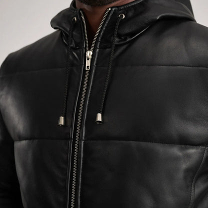 Black Leather Puffer Coat with Hood - High Quality Material
