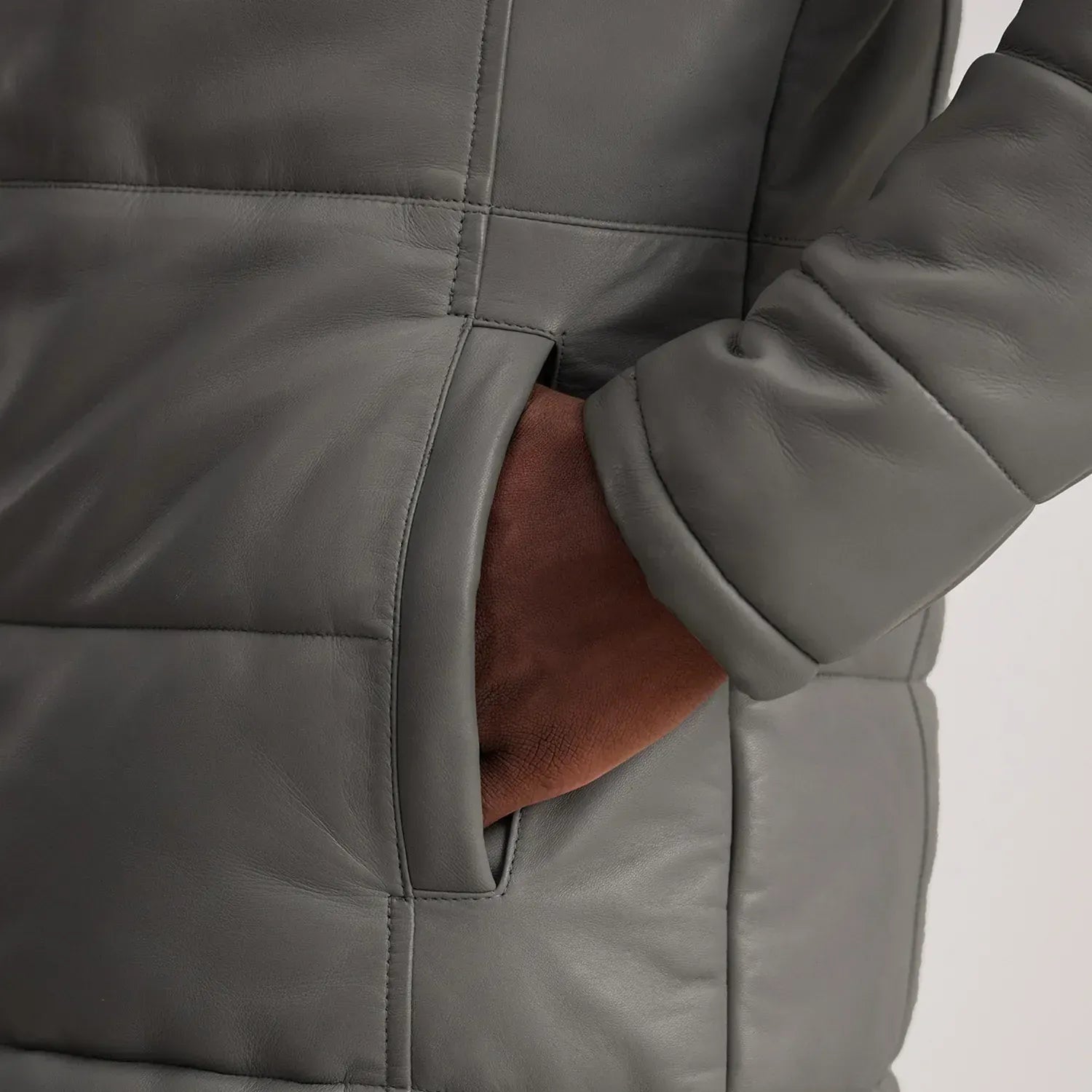 Grey Leather Puffer Jacket