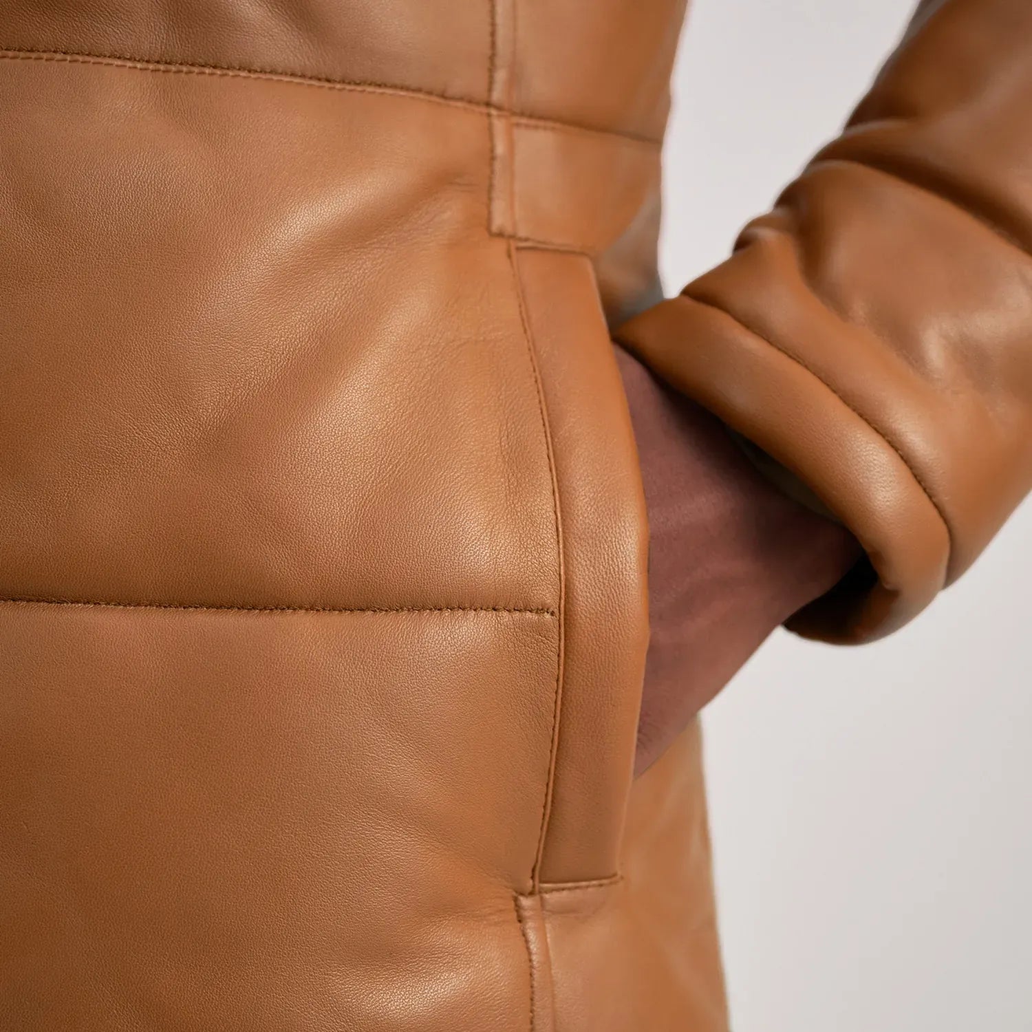 Tan Leather Puffer Coat with Hood