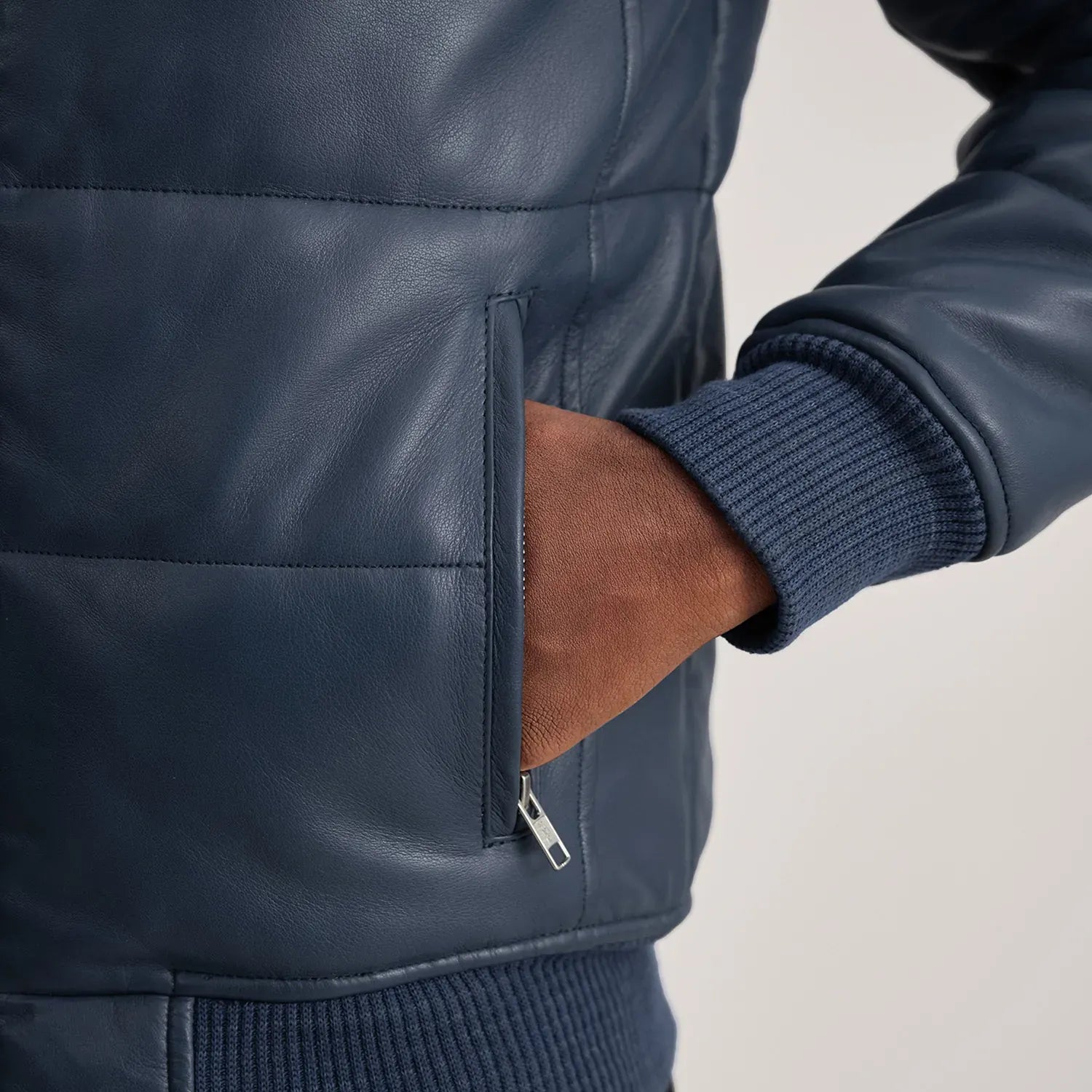 Blue Leather Puffer Bomber Jacket for Men