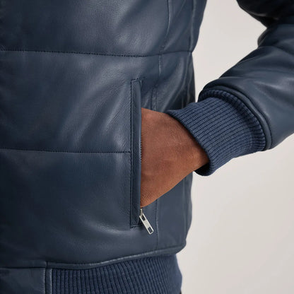 Blue Leather Puffer Bomber Jacket for Men