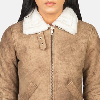 Women Distressed Brown Leather Bomber Jacket