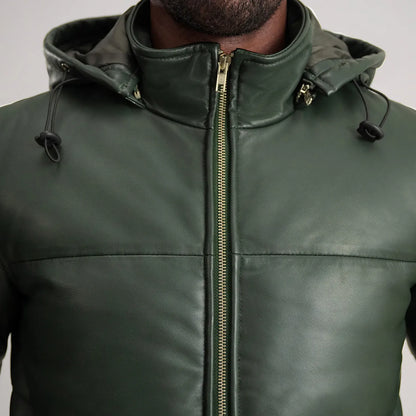 Green Leather Puffer Jacket With Removeable Hood