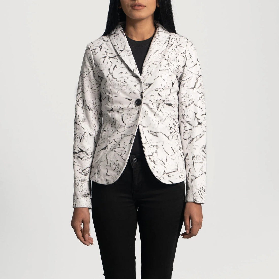 Black &amp; White Leather Blazer For Women