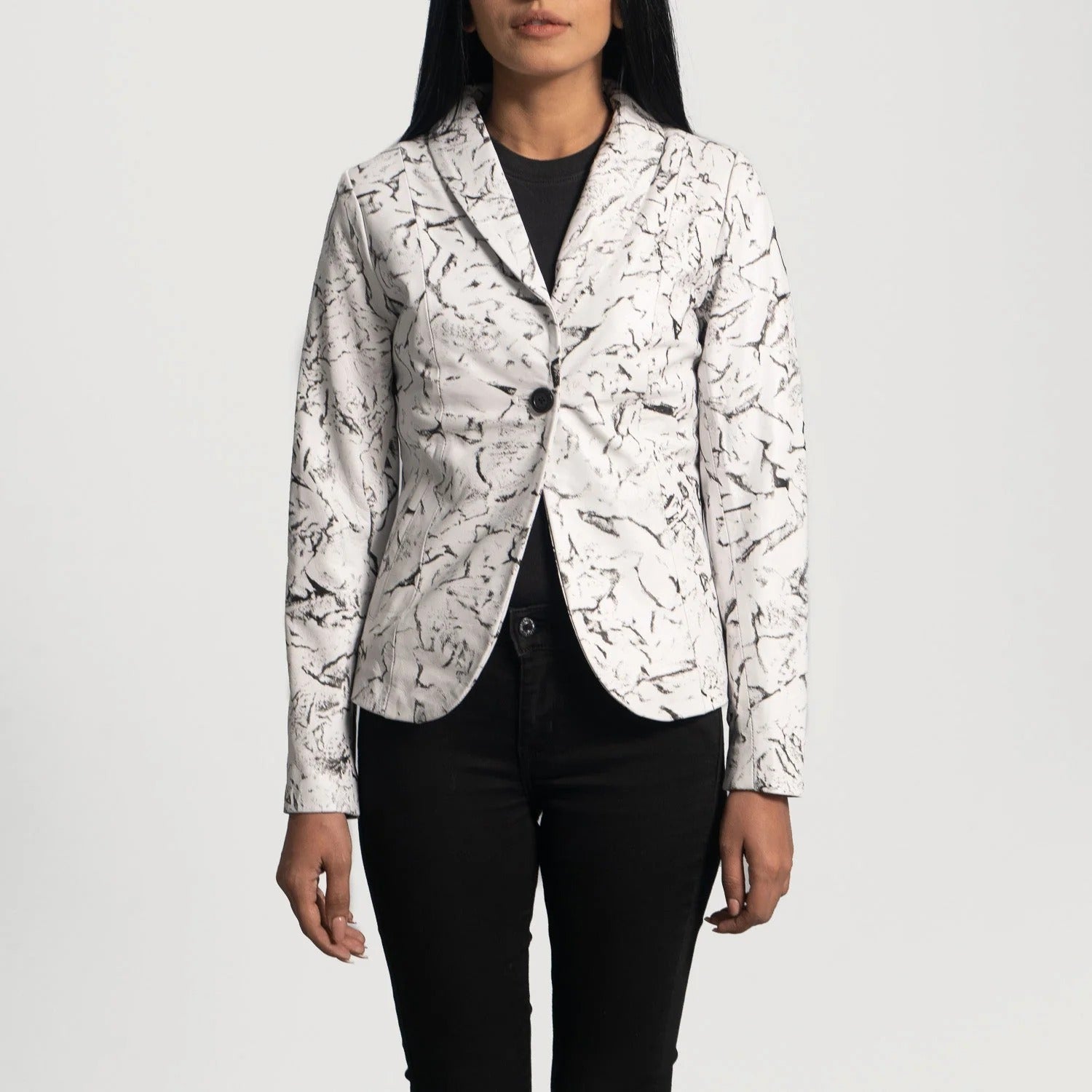 Black &amp; White Leather Blazer For Women