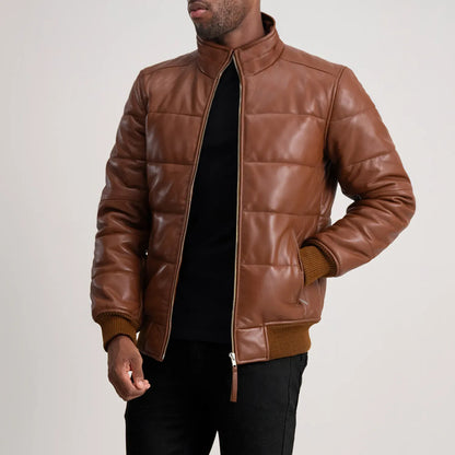 Men’s Brown Sheepskin Leather Puffer Jacket