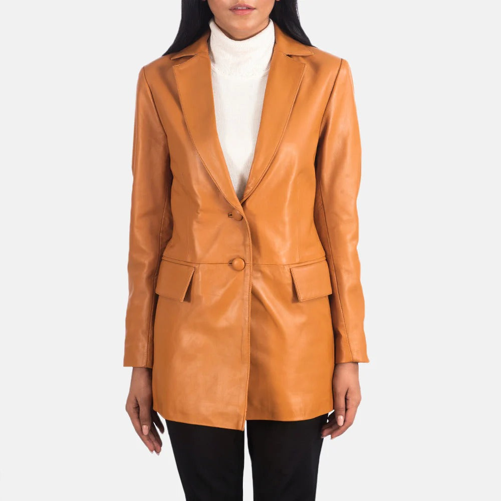 Tan Brown Leather Blazer For Women