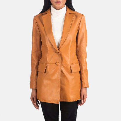 Tan Brown Leather Blazer For Women