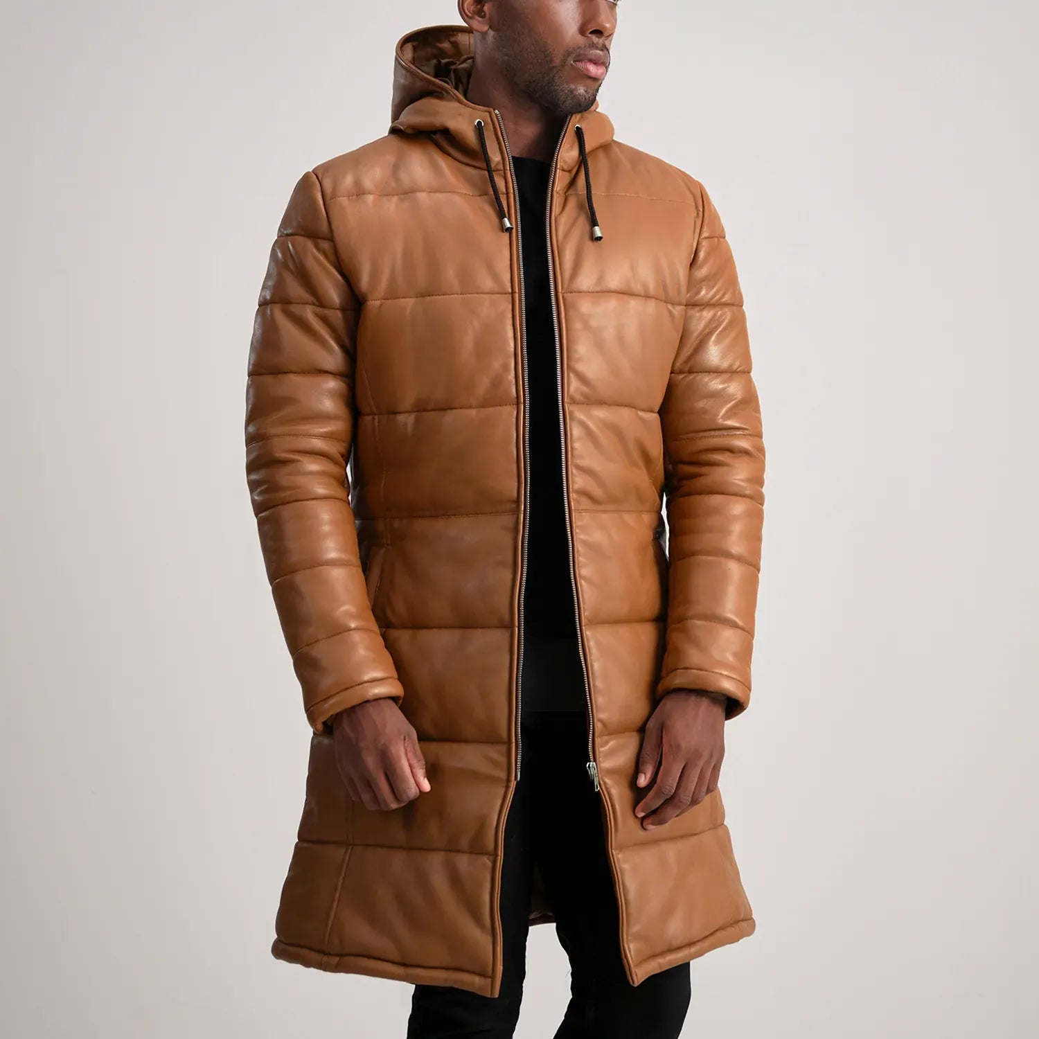 Tan Leather Puffer Coat with Hood