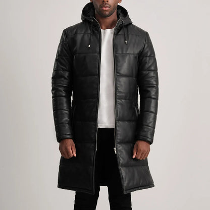 Black Leather Puffer Coat with Hood