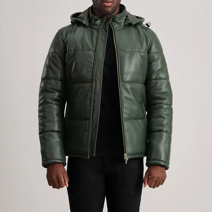 Green Leather Puffer Jacket 