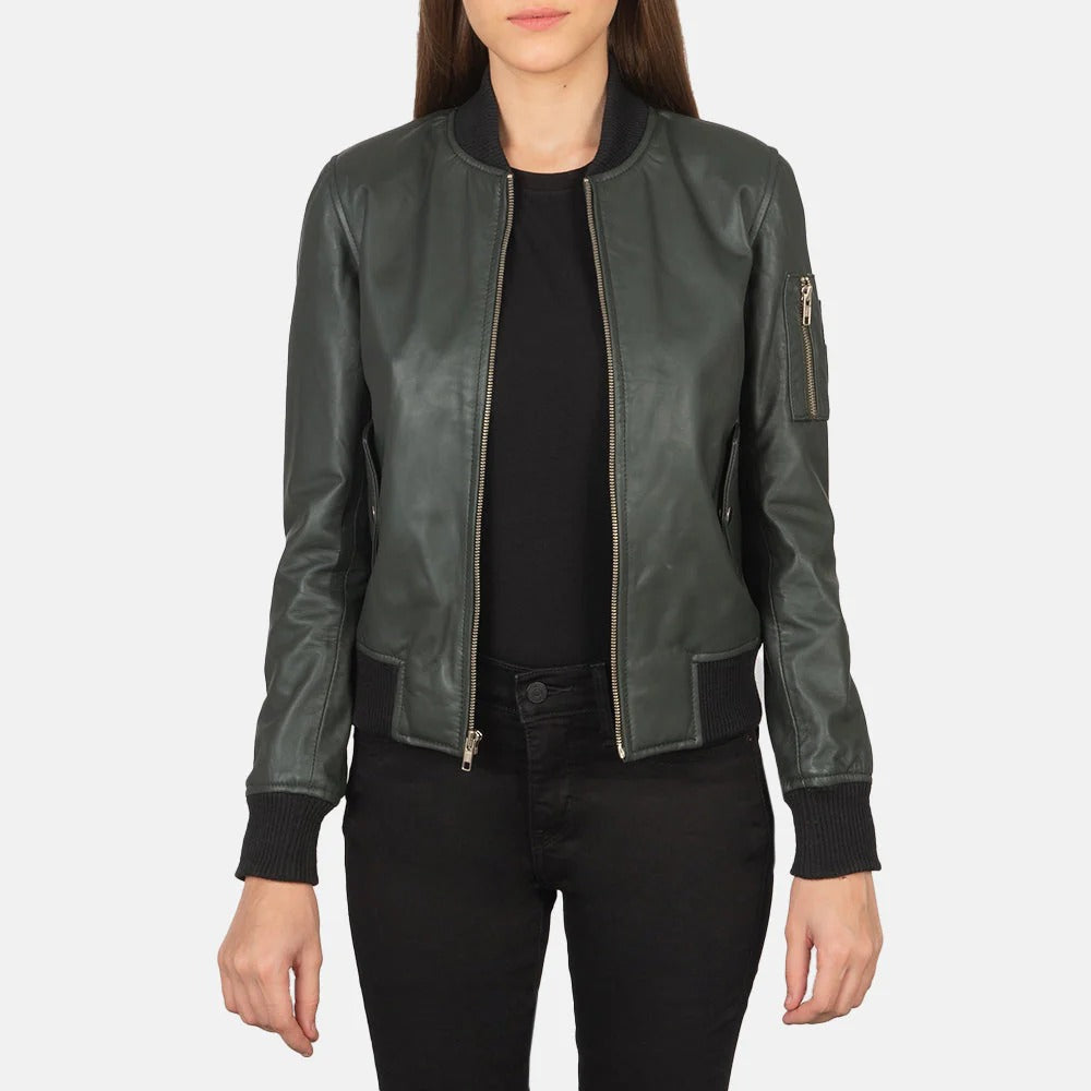 Green Leather Bomber Jacket For Women
