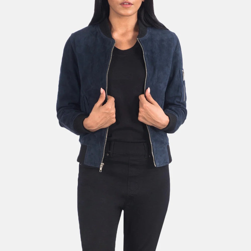 Women Blue Bomber Leather Jacket