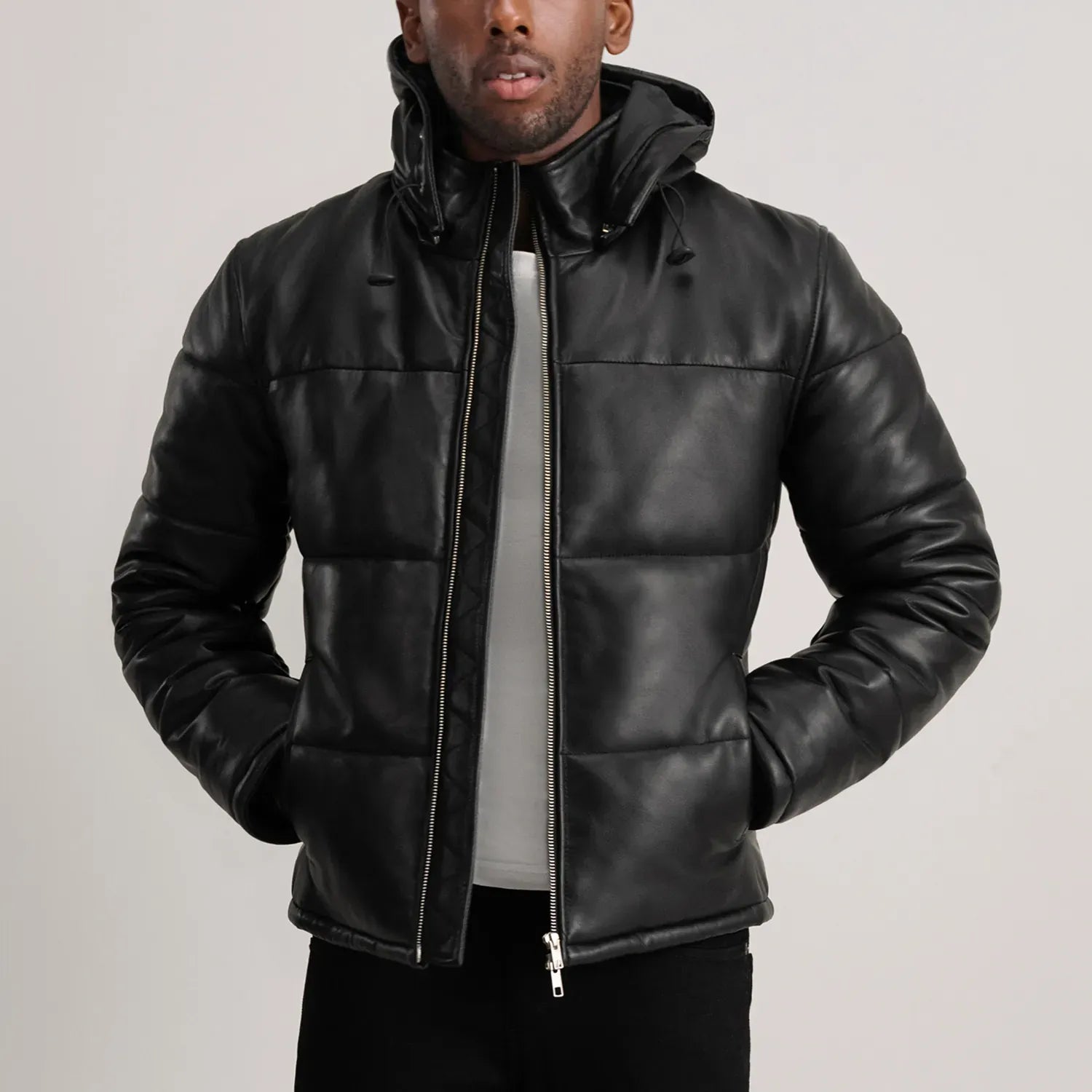 Men’s Black Sheepskin Leather Puffer Jacket with Removable Hood