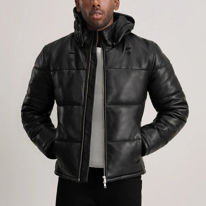 Men’s Black Sheepskin Leather Puffer Jacket with Removable Hood