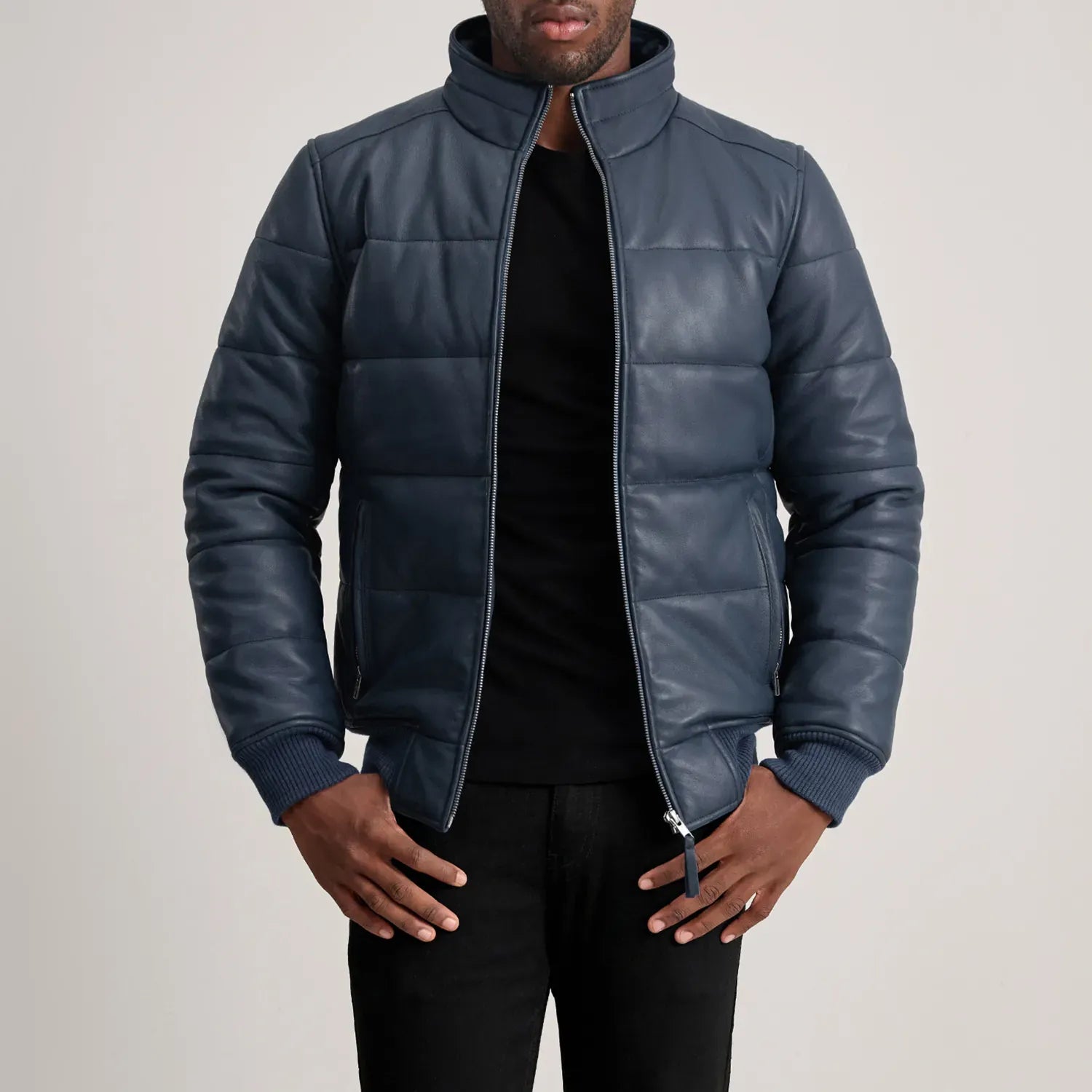 Blue Leather Puffer Bomber Jacket for Men