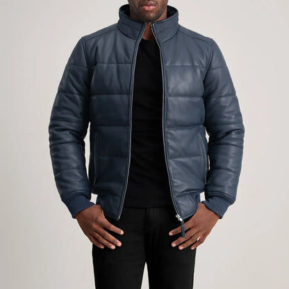 Blue Leather Puffer Bomber Jacket for Men