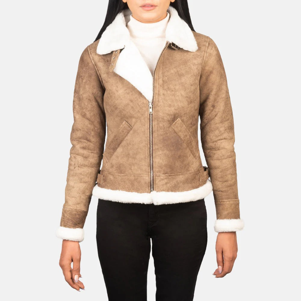 Women Distressed Brown Leather Bomber Jacket