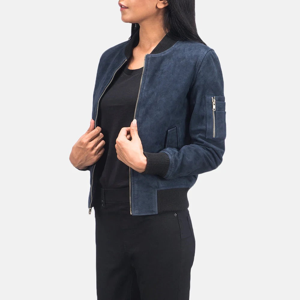 Women Blue Bomber Leather Jacket