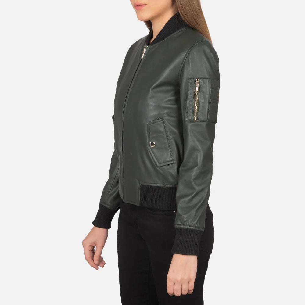 Green Leather Bomber Jacket For Women