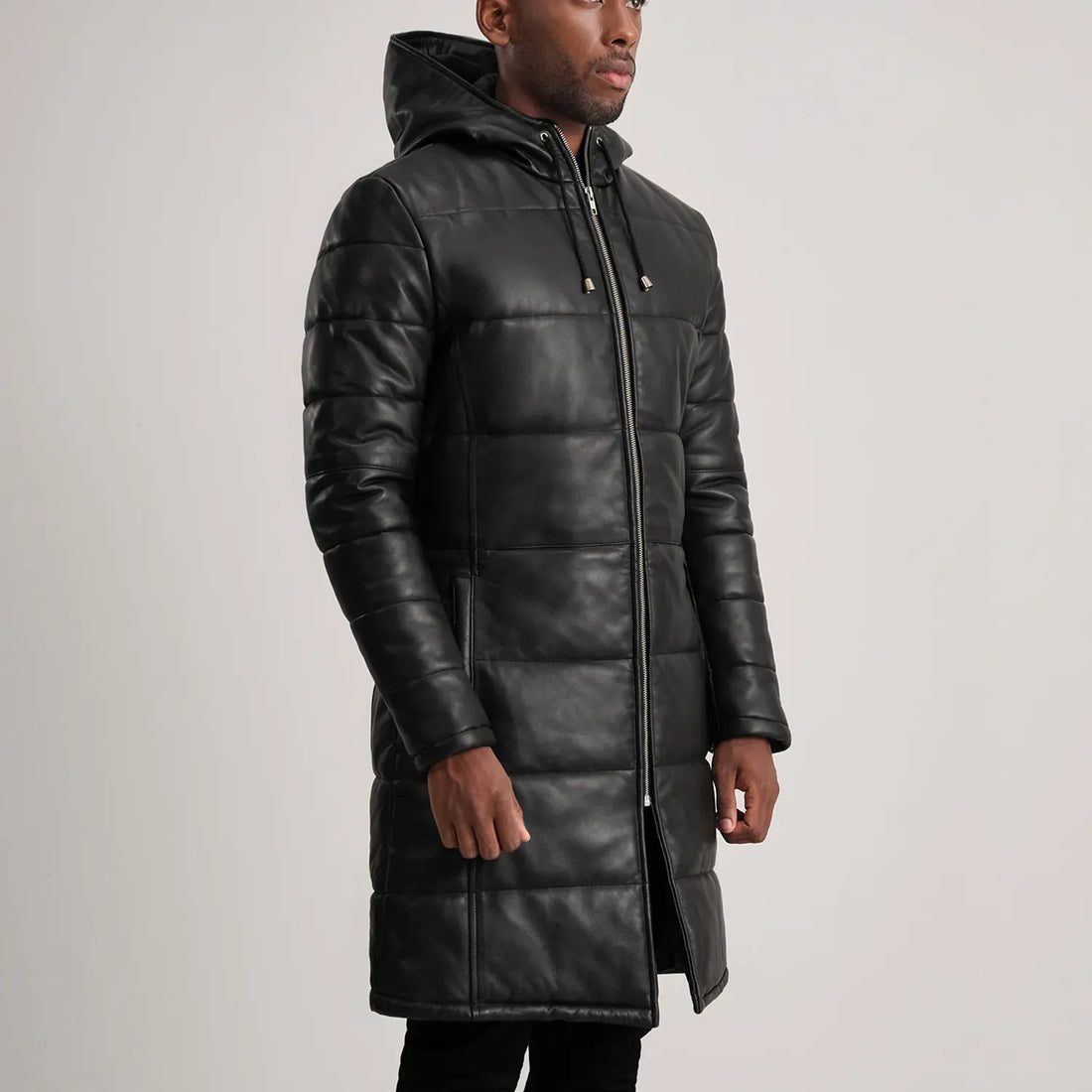 Black Leather Puffer Coat with Hood - High Quality Material