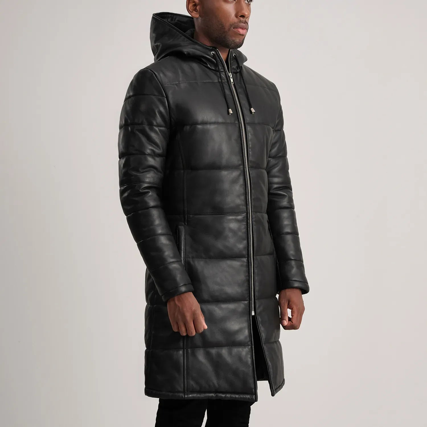 Black Leather Puffer Coat with Hood - High Quality Material