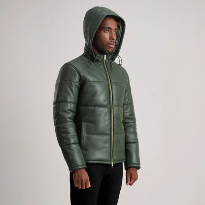 Green Leather Puffer Jacket With Removeable Hood