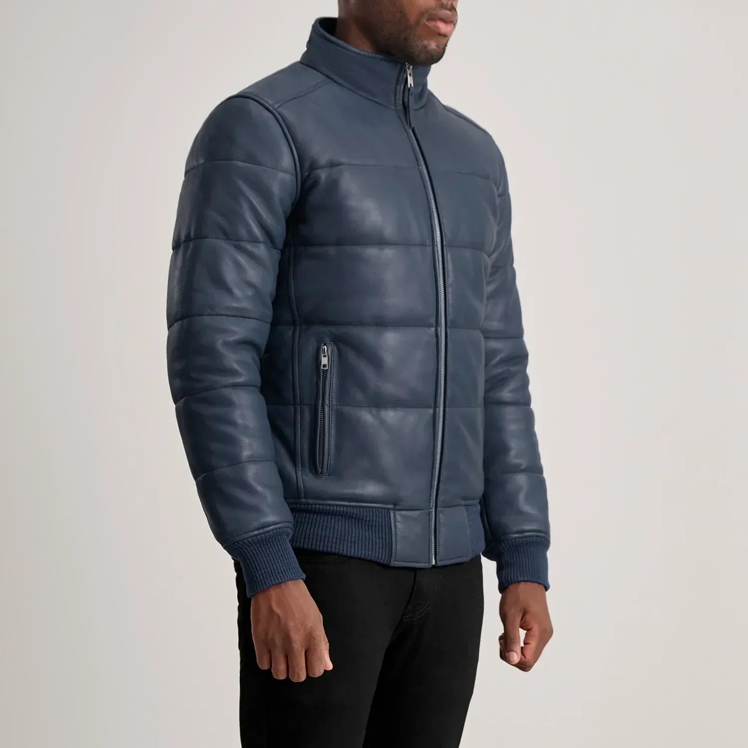 Blue Leather Puffer Bomber Jacket for Men