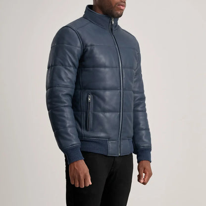 Blue Leather Puffer Bomber Jacket for Men