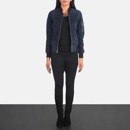 Women Blue Bomber Leather Jacket