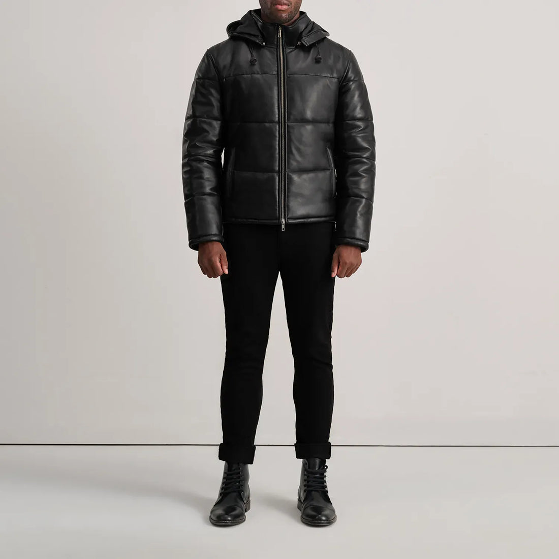 Men’s Black Sheepskin Leather Puffer Jacket with Removable Hood