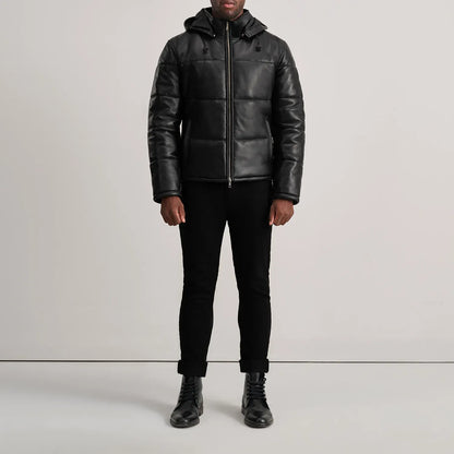 Men’s Black Sheepskin Leather Puffer Jacket with Removable Hood
