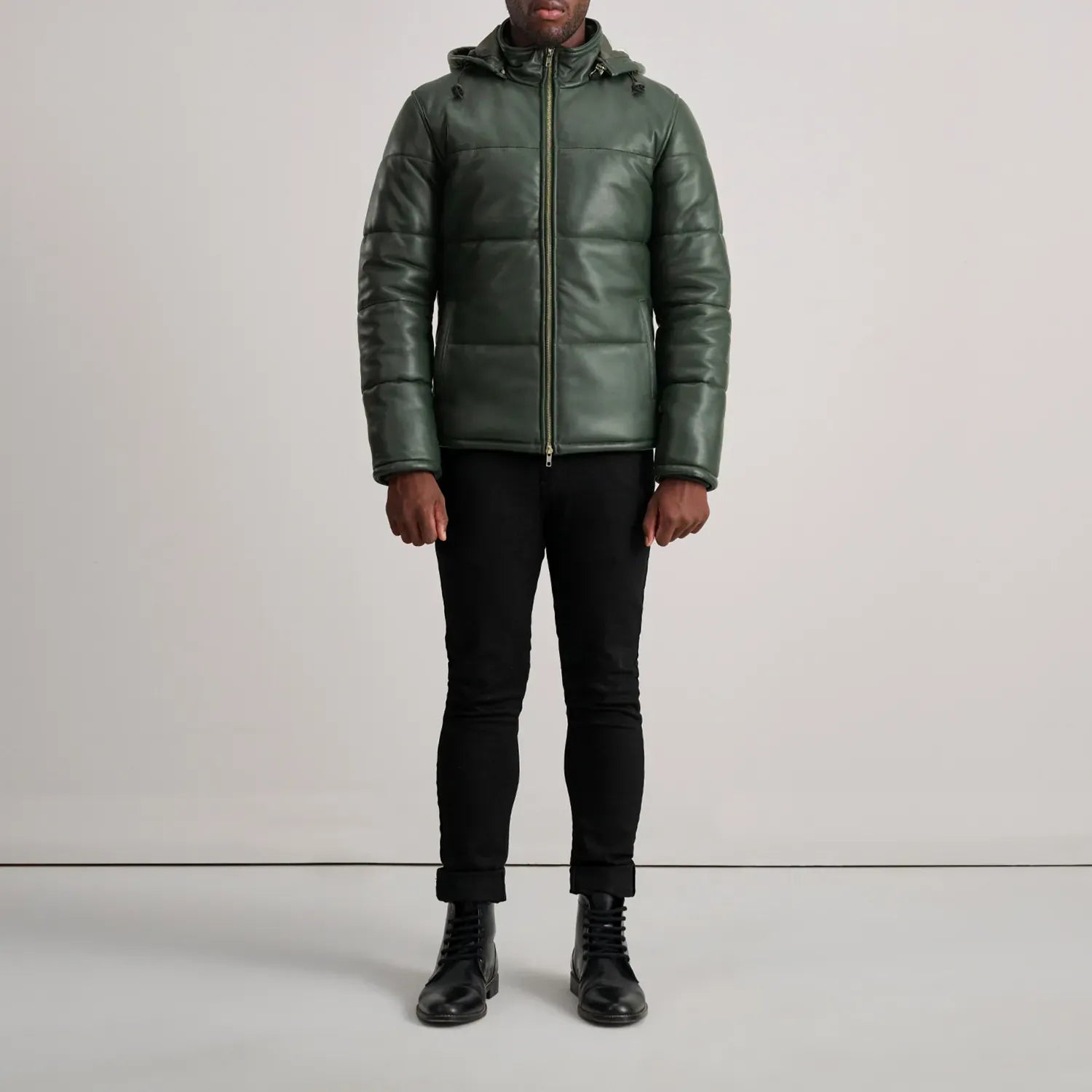 Green Leather Puffer Jacket With Removeable Hood