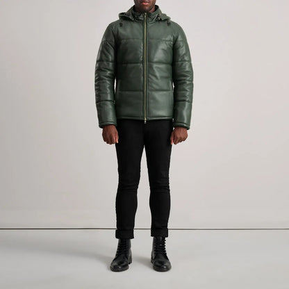 Green Leather Puffer Jacket With Removeable Hood