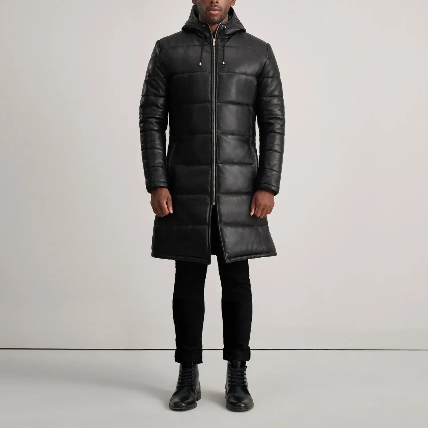 Black Leather Puffer Coat with Hood - High Quality Material