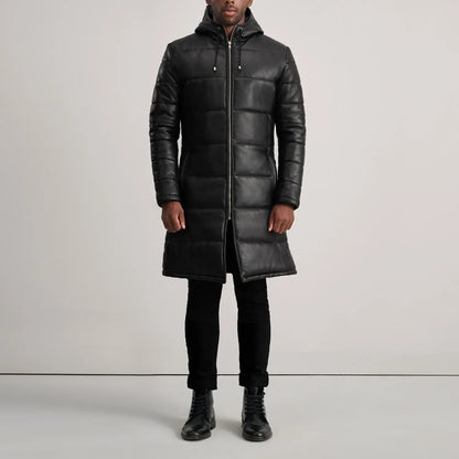 Black Leather Puffer Coat with Hood - High Quality Material