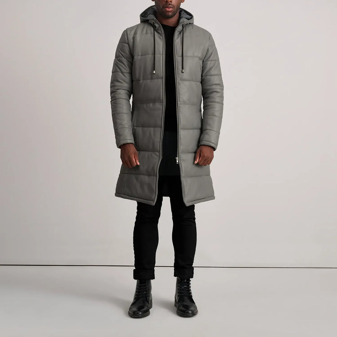 Grey Leather Puffer Jacket