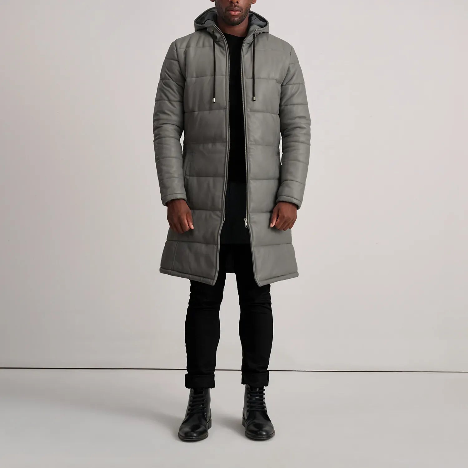 Grey Leather Puffer Jacket