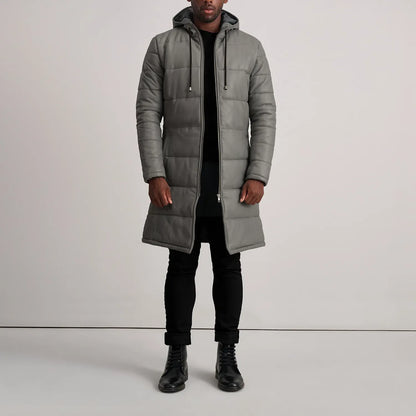 Grey Leather Puffer Jacket