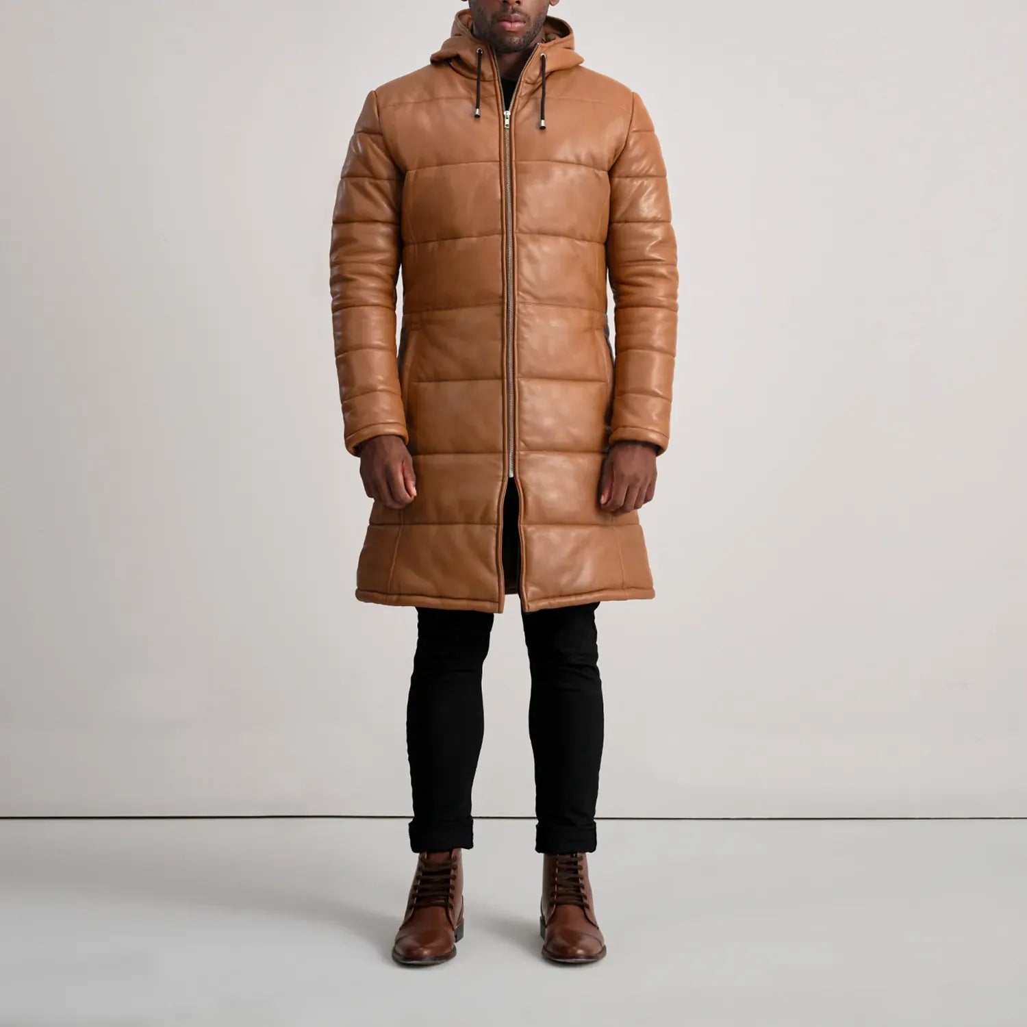 Tan Leather Puffer Coat with Hood