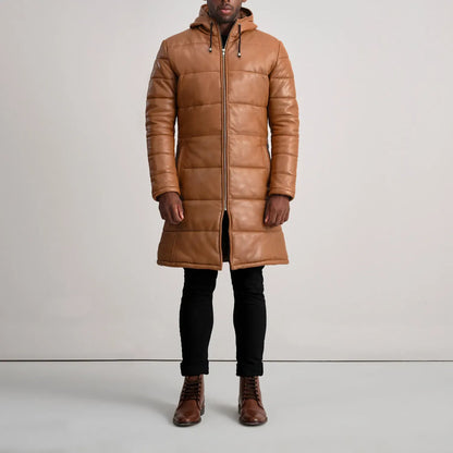 Tan Leather Puffer Coat with Hood