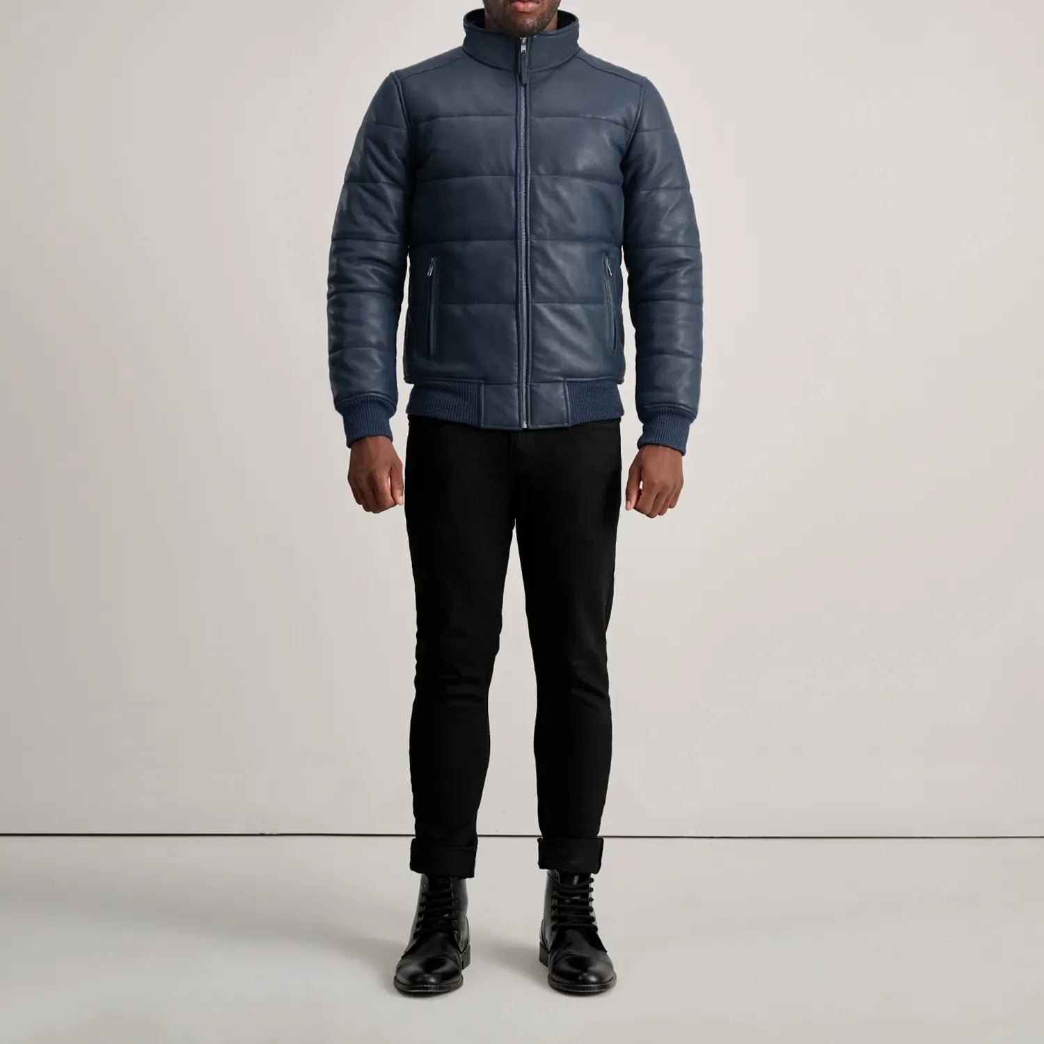 Blue Leather Puffer Bomber Jacket for Men