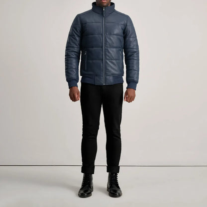 Blue Leather Puffer Bomber Jacket for Men