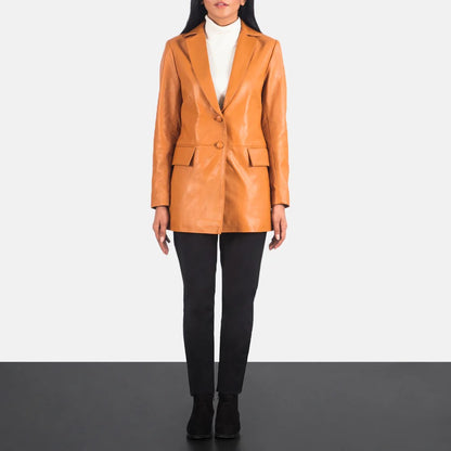 Tan Brown Leather Blazer For Women