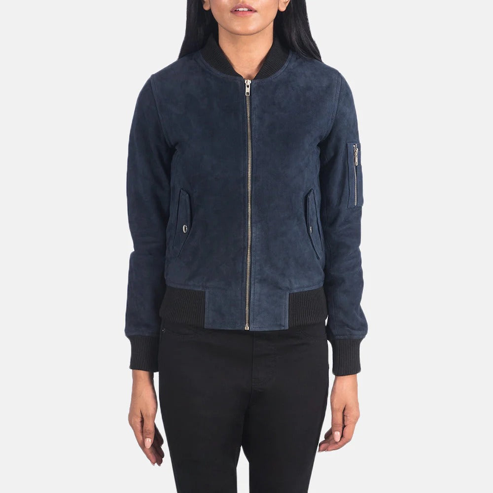 Women Blue Bomber Leather Jacket