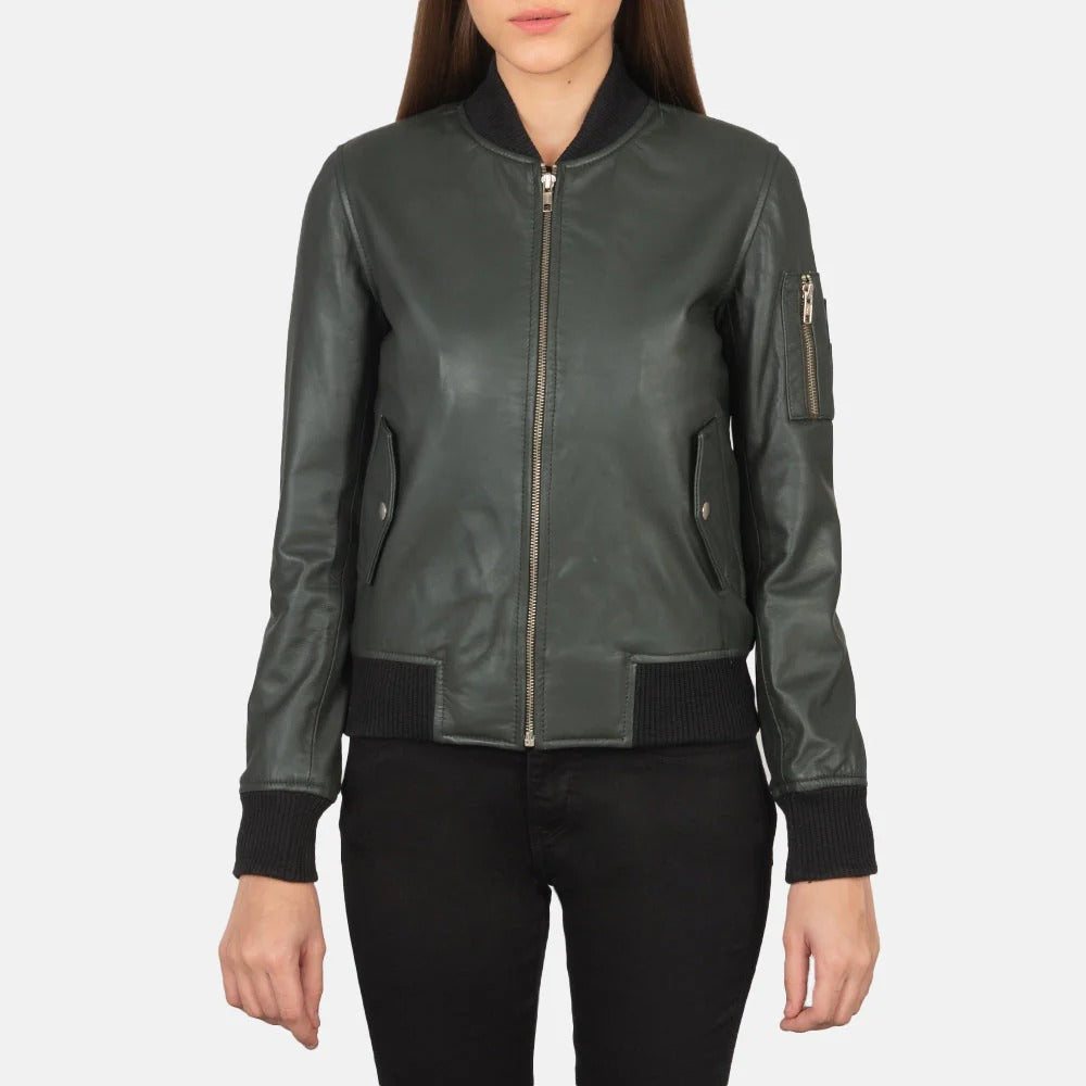 Green Leather Bomber Jacket For Women