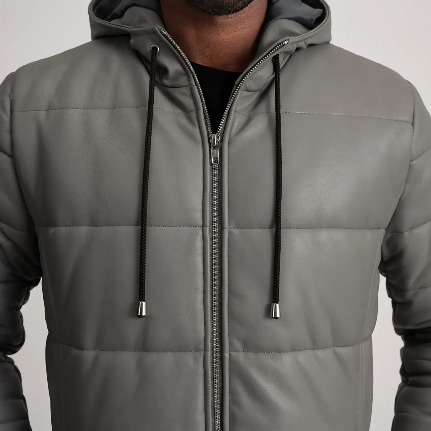 Grey Leather Puffer Jacket